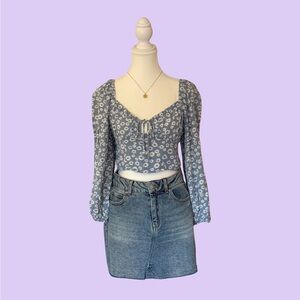 Floral Blue Long Sleeve Crop Top